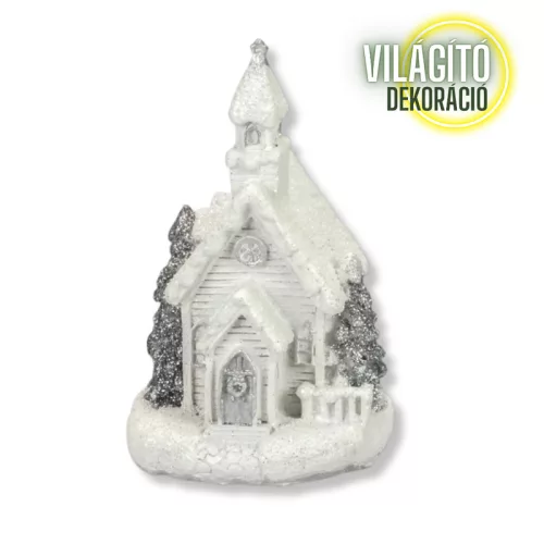 Fehér-ezüst világítós templom kicsi 1db