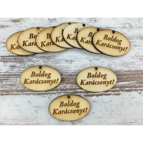   Natúr fa - "Boldog Karácsonyt!" ovál tábla 2,5x4cm 10db/csomag