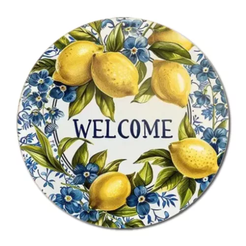 Nyomtatott fa tábla koszorú közép - Welcome citromos 11,8cm