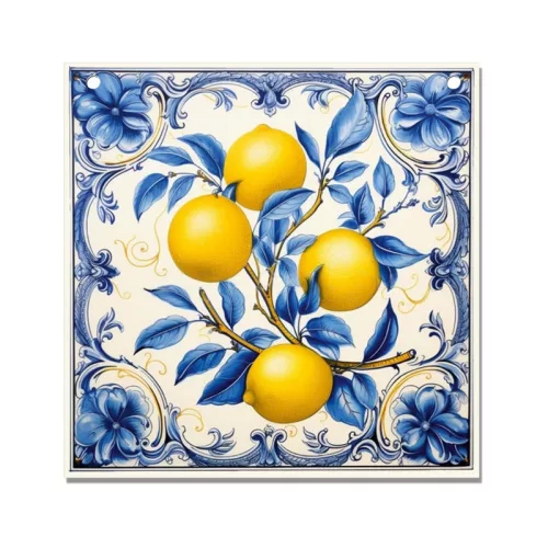 Nyomtatott fa tábla - Mediterrán csempe minta - citromos12,5x12,5cm