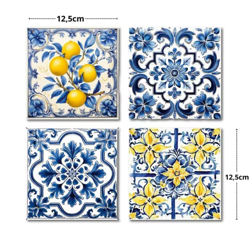 Nyomtatott fa tábla - Mediterrán csempe minta 12,5x12,5cm 4db/csomag