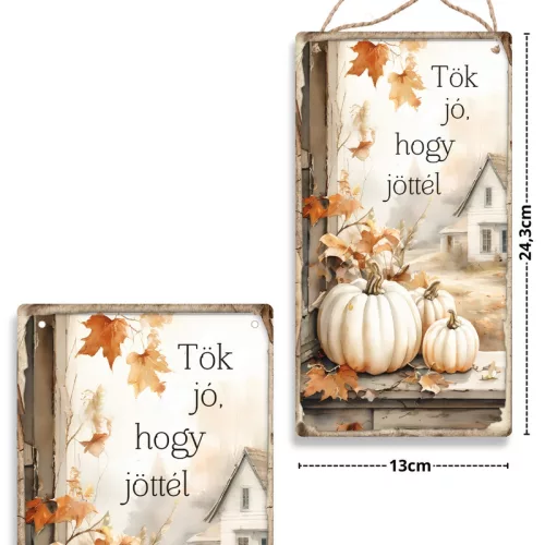 Nyomtatott fa tábla - Fehér-narancs -Tök jó, hogy jöttél akasztós tábla 13x24,3cm
