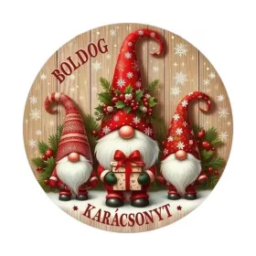 Nyomtatott fa tábla koszorú közép - Piros manók 11,8cm