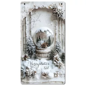   Nyomtatott fa tábla - Vintage fehér téma - hógömb 13x24,3cm