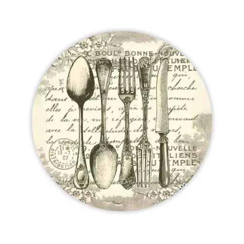  Nyomtatott fa tábla koszorú közép - Vintage evőeszköz 11,8cm