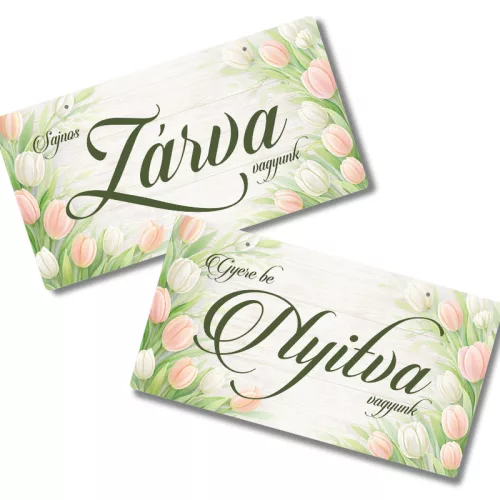 Nyomtatott fa tábla - Zárva-Nyitva 24,3x13cm - pasztell tulipános