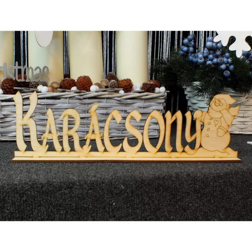 Natúr fa - "Karácsony" felirat talppal hóemberrel 37x11cm