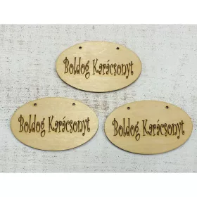   Natúr fa - "Boldog karácsonyt" gravírozott ovál tábla 9x5,5cm 3db/csomag