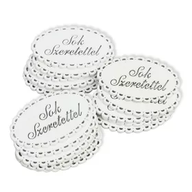   Fa - "Sok szeretettel" csipkés ovál tábla fehér 5x8cm 5db/csomag