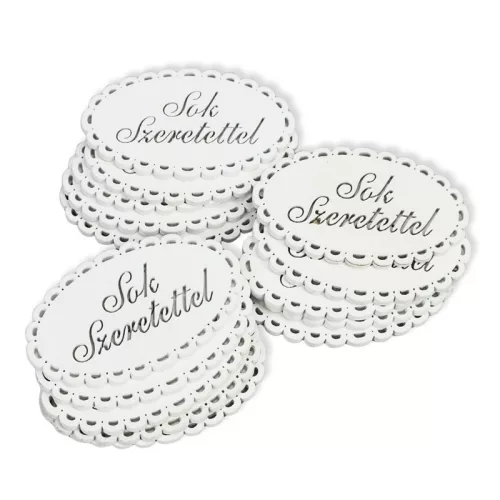 Fa - "Sok szeretettel" csipkés ovál tábla fehér 5x8cm 5db/csomag