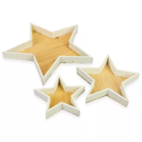 Fa tálca szett csillag  3db-os fehér/natúr 18/#