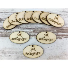   Natúr fa - "Sok Boldogságot!" ovál tábla 2,5x4cm 10db/csomag