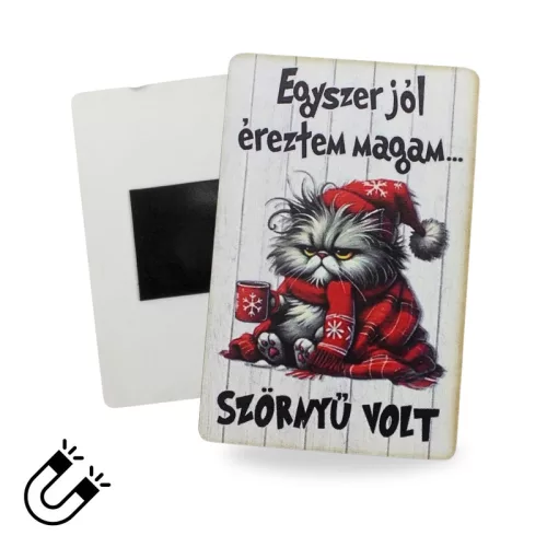 Nyomtatott dekorkarton - Morcos macska "Egyszer.." hűtőmágnes