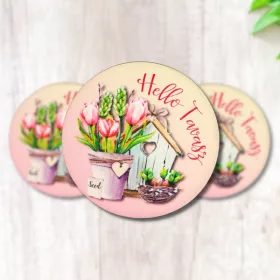   Nyomtatott fa tábla - Hello Tavasz - tulipános, kör 3db/cs