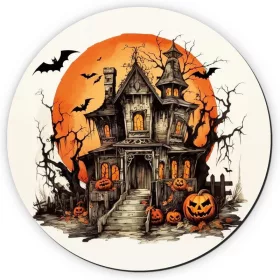   Nyomtatott fa tábla koszorú közép - Halloween kastély 11,8cm