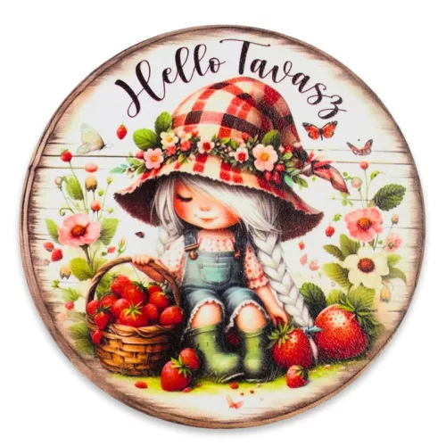 Nyomtatott fa tábla - Hello tavasz kislány koszorú közép 11,8cm