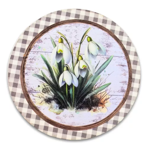 Nyomtatott fa tábla - Hóvirágok retró koszorú közép 11,8cm