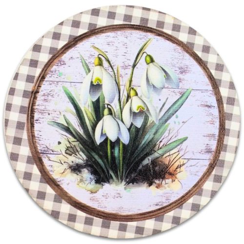 Nyomtatott fa tábla - Hóvirágok retró koszorú közép 14,8cm
