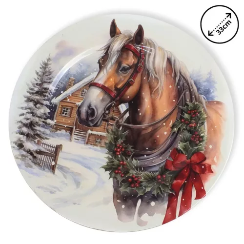 Műanyag kerek tálca Havas táj lóval 33cm
