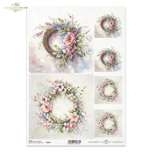 Rizspapír A4 decoupage-hoz virágos koszorú