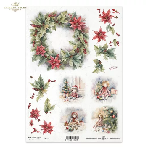 Rizspapír decoupage-hoz ajándék fagyöngy koszorú A4