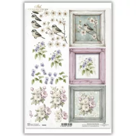 Rizspapír decoupage-hoz kismadár virágzó ágak A4
