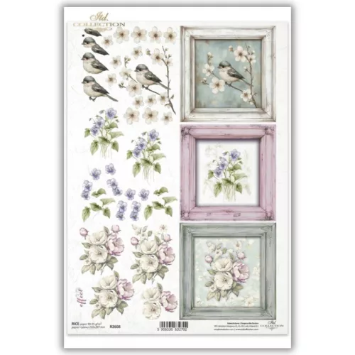 Rizspapír decoupage-hoz kismadár virágzó ágak A4