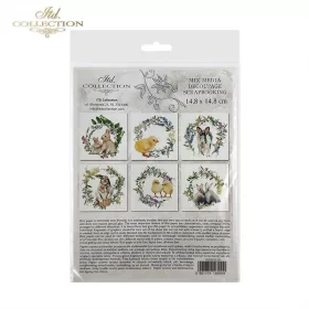   Rizspapír decoupage-hoz - Húsvéti állatok virágos koszorúban 14,8x14,8cm 6db/cs