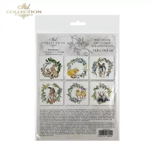 Rizspapír decoupage-hoz - Húsvéti állatok virágos koszorúban 14,8x14,8cm 6db/cs