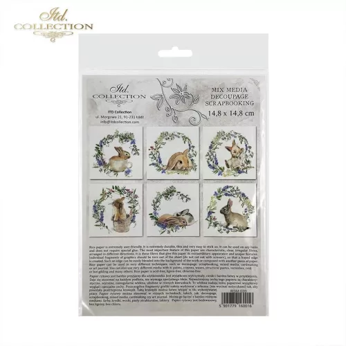 Rizspapír decoupage-hoz - Húsvéti nyuszik koszorúban 14,8x14,8cm 6db/cs