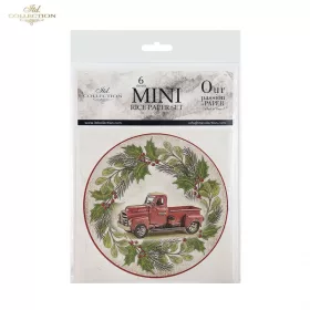   Rizspapír decoupage-hoz - Karácsonyi veterán autó 14,8x14,8cm 6db/cs