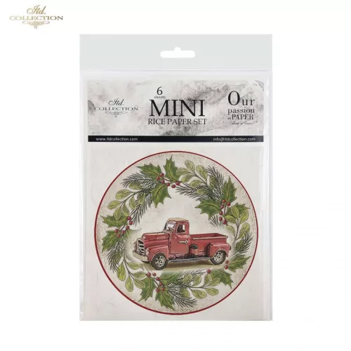 Rizspapír decoupage-hoz - Karácsonyi veterán autó 14,8x14,8cm 6db/cs