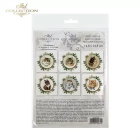   Rizspapír decoupage-hoz -  Cicák növényi koszorúban 14,8x14,8cm 6db/cs