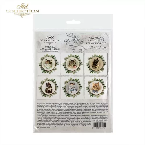 Rizspapír decoupage-hoz -  Cicák növényi koszorúban 14,8x14,8cm 6db/cs