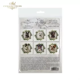   Rizspapír decoupage-hoz - Kutyák növényi koszorúban 14,8x14,8cm 6db/cs