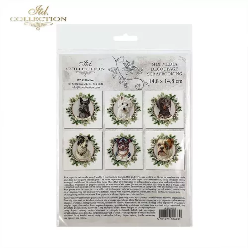 Rizspapír decoupage-hoz - Kutyák növényi koszorúban 14,8x14,8cm 6db/cs