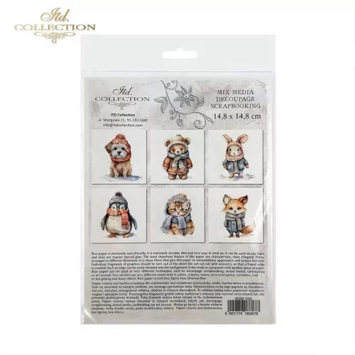 Rizspapír decoupage-hoz - Aranyos téli állatok 1. 14,8x14,8cm 6db/cs