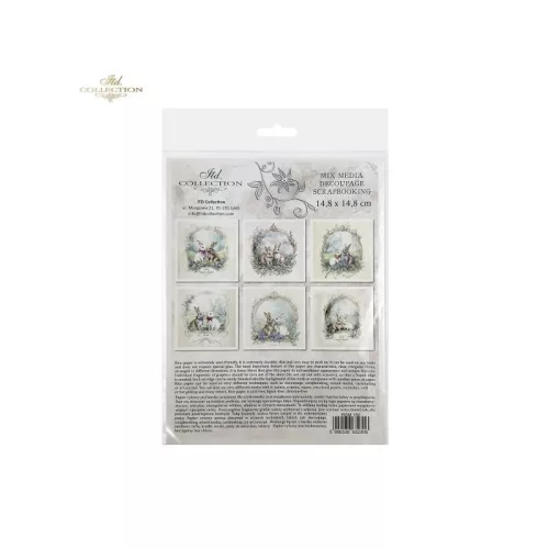 Rizspapír decoupage-hoz - Nyuszik virágos koszorúban 14,8x14,8cm 6db/cs