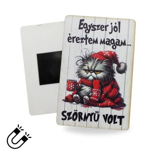Nyomtatott dekorkarton - Morcos macska "Egyszer.." hűtőmágnes