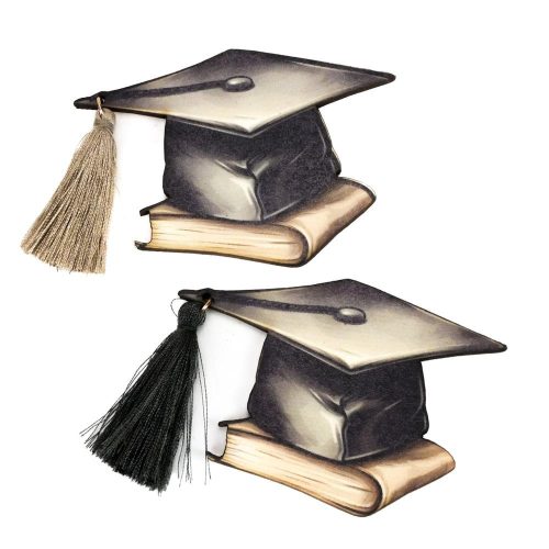 Nyomtatott fa tábla - Diplomaosztó kalap szürke óarany bojttal 8cm 2db/csom
