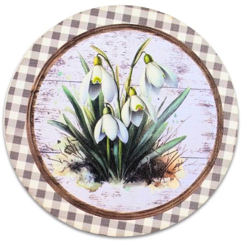 Nyomtatott fa tábla - Hóvirágok retró koszorú közép 14,8cm