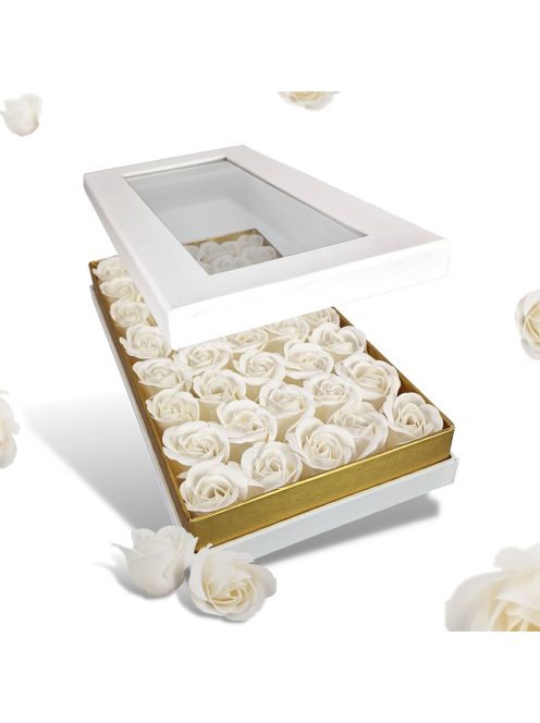 Prémium szappanrózsa szelence átlátszó tetejű fehér rózsával