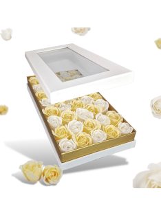   Prémium szappanrózsa szelence átlátszó tetejű fehér dobozban, krém-fehér rózsával
