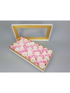   Prémium szappanrózsa szelence átlátszó tetejű fehér dobozban - fehér és rózsaszín