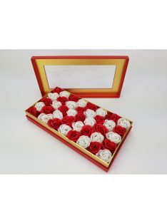   Prémium szappanrózsa szelence átlátszó tetejű piros dobozban, piros - fehér