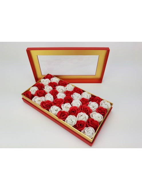 Prémium szappanrózsa szelence átlátszó tetejű piros dobozban, piros - fehér