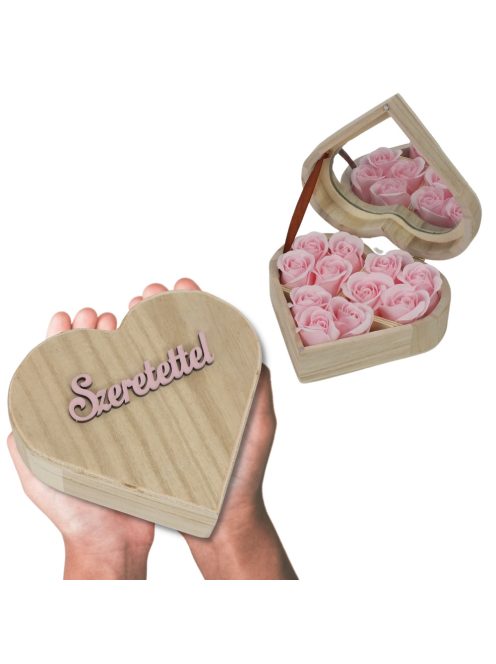 Szappanrózsa szív dobozban "Szeretettel" felirattal rózsaszín