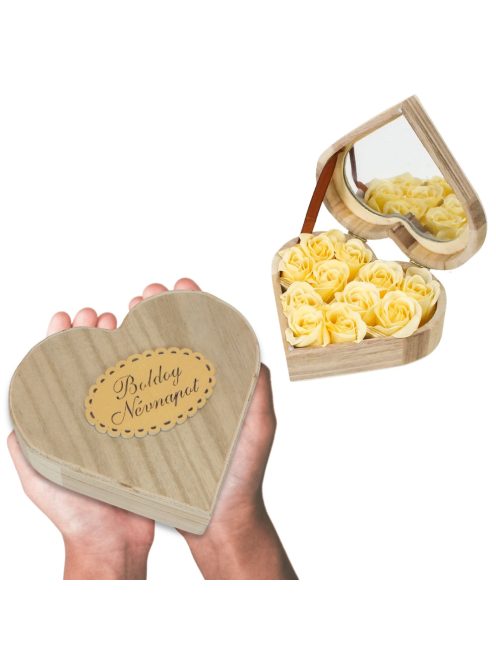 Szappanrózsa szív dobozban "Boldog névnapot" táblával krém