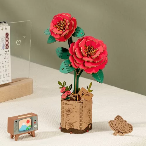 Rowood 3D fa puzzle virág - Kamélia (piros)