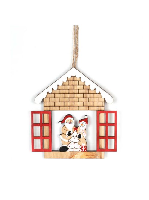 Karácsonyi dekoráció (házikóban hóember, piros ablakkal)